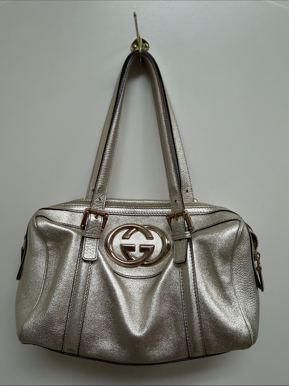 Gucci Metallic Pewter Leather Shoulder Bag with Gold Logo